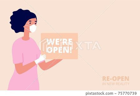 We are open. Shopping store opening, new normal or business reopen. Woman hold welcome banner, marketing message for buyers utter vector poster We are open. Shopping store opening, new normal or business reopen. Woman hold welcome banner, marketing message for buyers utter vector poster 75770739