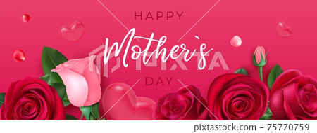 Mothers day brochure. Happy female floral banner, postcard template for mom. Flower and hearts card design, spring fest romantic invitation vector background Mothers day brochure. Happy female floral banner, postcard template for mom. Flower and hearts card design, spring fest romantic invitation vector background 75770759