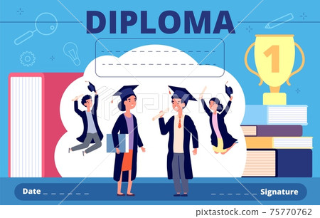 Kids diploma. Celebration student kid, kindergarten or preschool graduate. Education course certificate, cartoon child utter vector template Kids diploma. Celebration student kid, kindergarten or preschool graduate. Education course certificate, cartoon child utter vector template 75770762