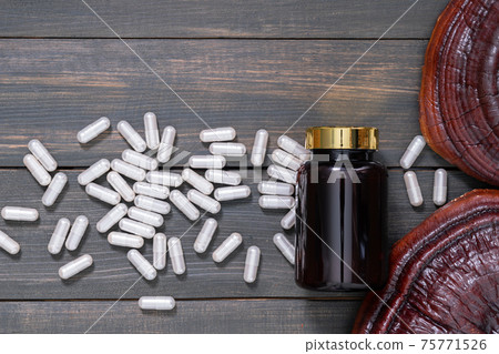 Ling zhi mushroom and capsule with bottle mockup Ling zhi mushroom and capsule with bottle mockup 75771526