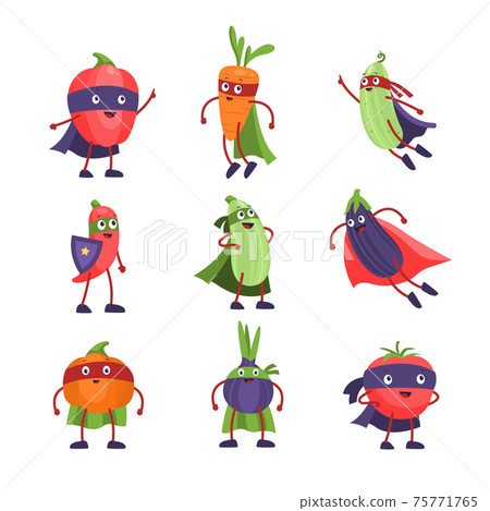 Superhero vegetables. Funny cartoon comic healthy vegetable, vegan characters with masks and capes, vegetarian winners. Healthy food mascot, diet and detox symbol vector comic isolated set Superhero vegetables. Funny cartoon comic healthy vegetable, vegan characters with masks and capes, vegetarian winners. Healthy food mascot, diet and detox symbol vector comic isolated set 75771765