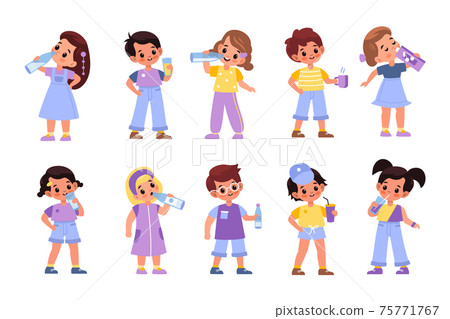 Children drink. Little boys and girls consume variety beverages, happy kids having juices, milk and tea, young people with cups, glasses and bottles collection. Vector cartoon isolated set Children drink. Little boys and girls consume variety beverages, happy kids having juices, milk and tea, young people with cups, glasses and bottles collection. Vector cartoon isolated set 75771767