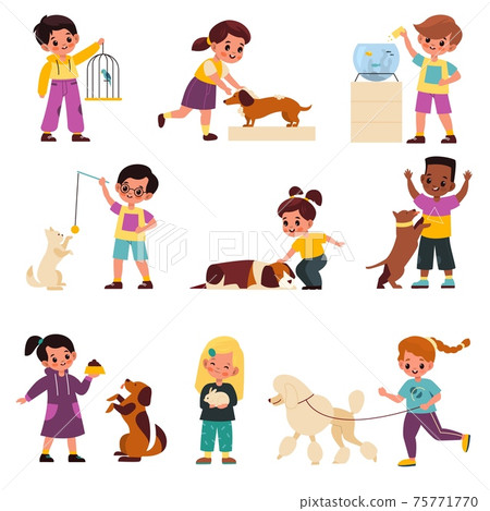 Kids with pets. Children with domestic animals,... - Stock Illustration ...