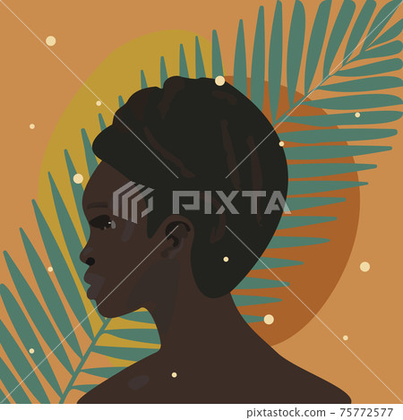 Portrait of beautiful attractive african american woman on yellow round background 75772577