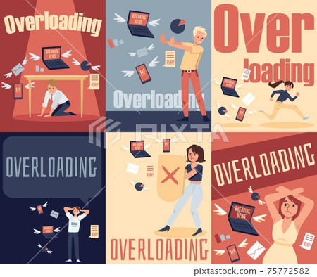 Concept of stress due information overloading a set of vector flat posters. Concept of stress due information overloading a set of vector flat posters. 75772582
