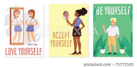 Positive people look reflection in mirror with self acceptance a vector posters. 75772585