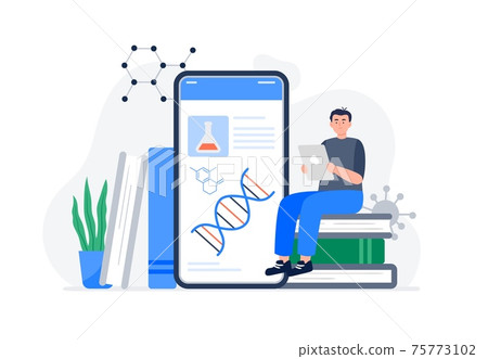 A young man studies biology online and watches video course. Banner or background for a site with a distance education theme. Vector flat illustration. 75773102