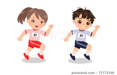 Boy and girl running in school training uniform. Flat vector cartoon design isolated on white 75773290