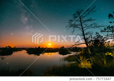 Lake Nature Landscape. Night Starry Sky Milky Way Galaxy With Glowing Stars And Moon. Nature Hyperlapse. Night Sky Reflection In Water 75773887