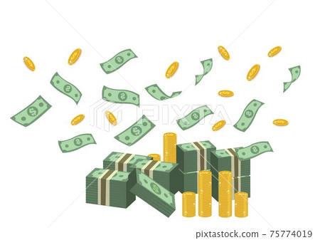 Stack of money.Tie it up with flying dollars and rolling gold coins.Heaps of green bills and coins on a white background. Stack of money.Tie it up with flying dollars and rolling gold coins.Heaps of green bills and coins on a white background. 75774019