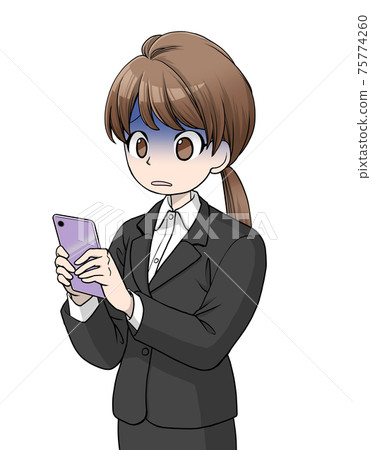 A brown-haired woman in a suit that turns pale looking at her smartphone A brown-haired woman in a suit that turns pale looking at her smartphone 75774260
