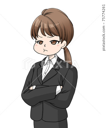 A brown-haired woman in a suit with her arms folded and angry A brown-haired woman in a suit with her arms folded and angry 75774261