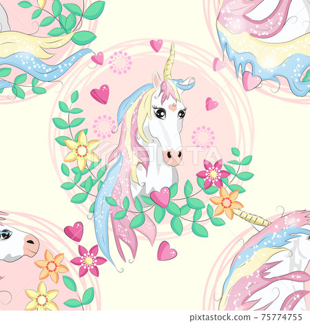 Doodle unicorn pattern for textile design. Animal cartoon. Ditsy print. Trendy seamless pattern. Fabric pattern. Doodle unicorn pattern for textile design. Animal cartoon. Ditsy print. Trendy seamless pattern. Fabric pattern. 75774755