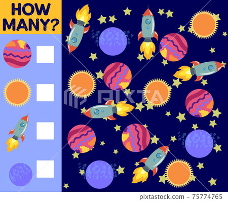 Counting Game for Preschool Children. Educational a mathematical game. Count how many space objects Counting Game for Preschool Children. Educational a mathematical game. Count how many space objects 75774765