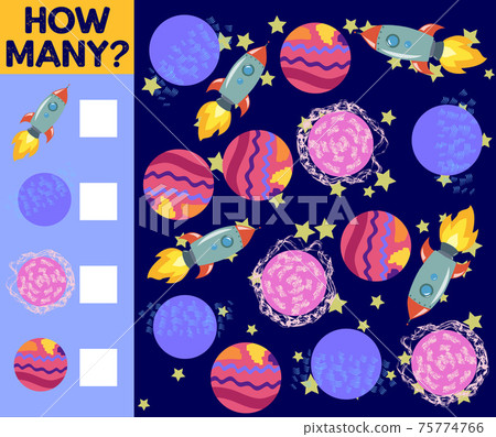 Counting Game for Preschool Children. Educational a mathematical game. Count how many space objects Counting Game for Preschool Children. Educational a mathematical game. Count how many space objects 75774766