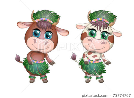 A pair of cute cartoon bull and cow with beautiful eyes is the character of a Hawaiian hula dancer among leaves A pair of cute cartoon bull and cow with beautiful eyes is the character of a Hawaiian hula dancer among leaves 75774767