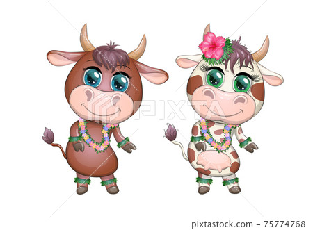 A pair of cute cartoon bull and cow with beautiful eyes is the character of a Hawaiian hula dancer among leaves A pair of cute cartoon bull and cow with beautiful eyes is the character of a Hawaiian hula dancer among leaves 75774768