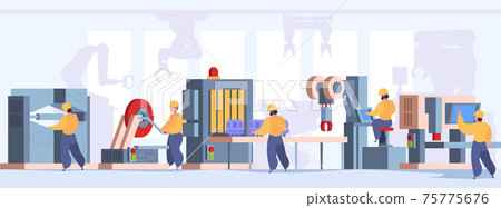 Manufacture line production. Operational systems engineer working industrial processes garish vector flat background illustration Manufacture line production. Operational systems engineer working industrial processes garish vector flat background illustration 75775676