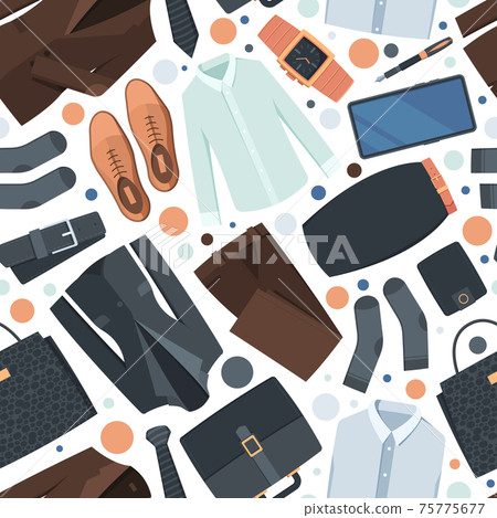 Clothes pattern. Textile design with different business clothes for male and female characters pants suits shirt shoes skirt garish vector seamless background 75775677