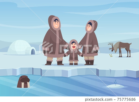 North pole background. Eskimo authentic people winter cold clothes happy characters exact vector cartoon landscape North pole background. Eskimo authentic people winter cold clothes happy characters exact vector cartoon landscape 75775686
