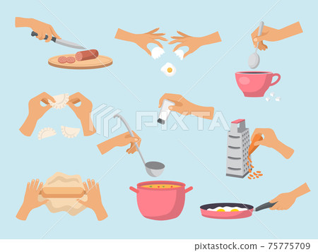 Preparing food. Cooking processes hands with kitchen utensils preparing products fish soup cakes salad recent vector cartoon illustrations set 75775709
