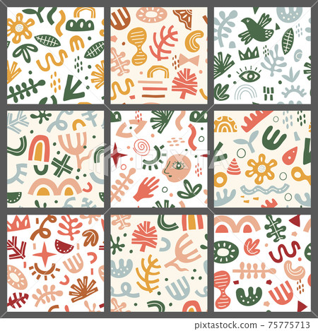 Contemporary forms pattern. Textile fabrics design projects with modern geometrical shapes printing symbols recent vector seamless background 75775713