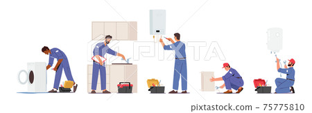 Set of Plumber Male Characters Repair Broken Technics Washing Machine, Sink, Heater and Heating Pipes. Plumbing Handyman 75775810