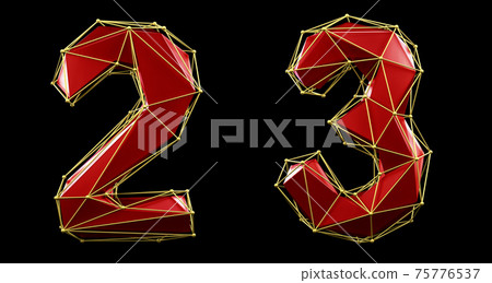 Set of numbers 2, 3 made of red color glass. Collection symbols of low poly style blue color glass isolated on black background 3d 75776537