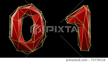 Set of numbers 0, 1 made of red color glass. Collection symbols of low poly style blue color glass isolated on black background 3d 75776538