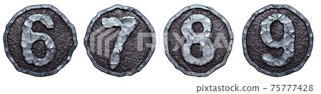 Set of numbers 6, 7, 8, 9 made of forged metal in the center of coin isolated on white background. 3d 75777428