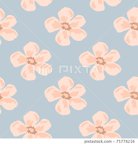 Pastel tones seamless pattern with pink hand drawn daisy flowers ornament. Blue background. Decor artwork. Pastel tones seamless pattern with pink hand drawn daisy flowers ornament. Blue background. Decor artwork. 75778216