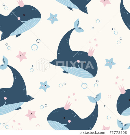 Seamless patterns with sea animals. Cute blue whales and starfishes on a light background. Vector illustration. For design, decor, printing, packaging and wallpaper 75778308