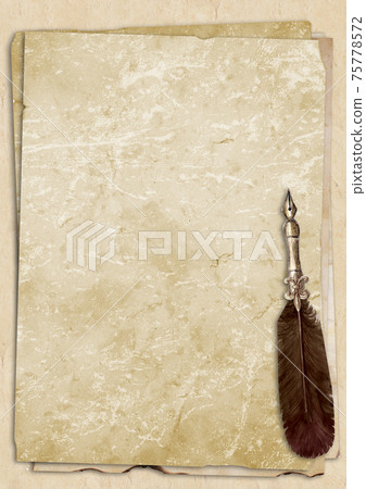 Background in vintage style with fountain feathers pen, sheets of old aged yellow brown faded paper Background in vintage style with fountain feathers pen, sheets of old aged yellow brown faded paper 75778572