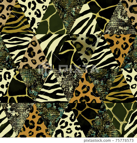 Trendy imitation sewn pieces of fabric in patchwork style. Watercolour hand drawn modern collage 75778573