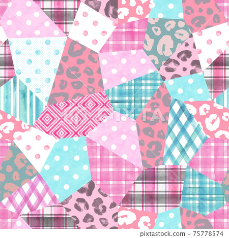 Trendy imitation sewn pieces of fabric in patchwork style. Watercolour hand drawn modern collage 75778574