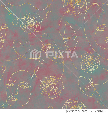 One line drawing abstract contamporary art. Modern seamless pattern with women faces 75778619
