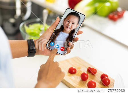 Distance Communication. Woman Having Video Call With Her Little Niece, Using Smartphone Distance Communication. Woman Having Video Call With Her Little Niece, Using Smartphone 75779080