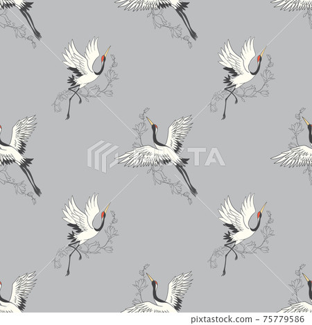 Seamless pattern with flowers and white Japanese cranes. Seamless pattern with flowers and white Japanese cranes. 75779586