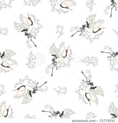 Seamless pattern with flowers and white Japanese cranes. Seamless pattern with flowers and white Japanese cranes. 75779591