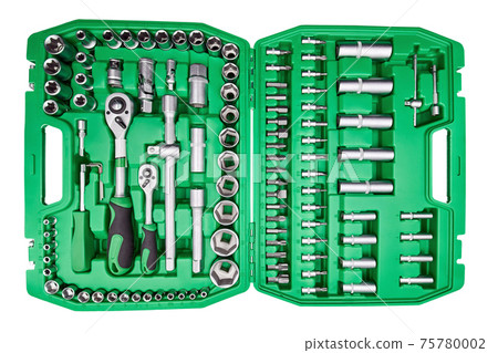 Big green toolbox set for car repair. Set of tools isolated on a white background. Big green toolbox set for car repair. Set of tools isolated on a white background. 75780002