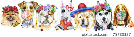 Border from watercolor portraits of dogs for decoration Border from watercolor portraits of dogs for decoration 75780327