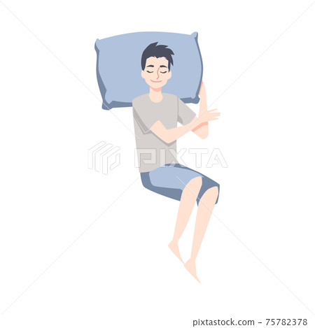 Young man sleeping in pose on back, lying in comfortable posture on pillow. 75782378