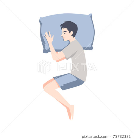 Young man sleeping with pillow under head, flat vector illustration isolated. Young man sleeping with pillow under head, flat vector illustration isolated. 75782381