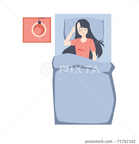 Brunette woman sleeping on her back in bed flat vector illustration isolated. 75782382