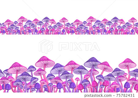 Pink and purple toadstool watercolor seamless border Pink and purple toadstool watercolor seamless border 75782431