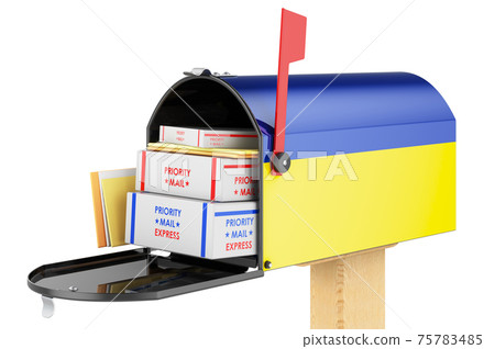 Mailbox with Ukrainian flag with parcels, envelopes inside. Shipping in Ukraine, concept. 3D rendering Mailbox with Ukrainian flag with parcels, envelopes inside. Shipping in Ukraine, concept. 3D rendering 75783485