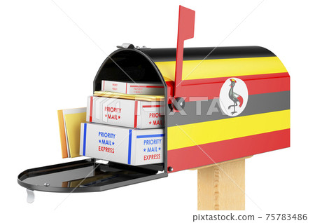 Mailbox with Ugandan flag with parcels, envelopes inside. Shipping in Ugandan, concept. 3D rendering Mailbox with Ugandan flag with parcels, envelopes inside. Shipping in Ugandan, concept. 3D rendering 75783486