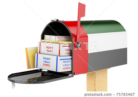 Mailbox with UAE flag with parcels, envelopes inside. Shipping in the United Arab Emirates, concept. 3D rendering Mailbox with UAE flag with parcels, envelopes inside. Shipping in the United Arab Emirates, concept. 3D rendering 75783487
