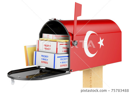 Mailbox with Turkish flag with parcels, envelopes inside. Shipping in Turkey, concept. 3D rendering Mailbox with Turkish flag with parcels, envelopes inside. Shipping in Turkey, concept. 3D rendering 75783488