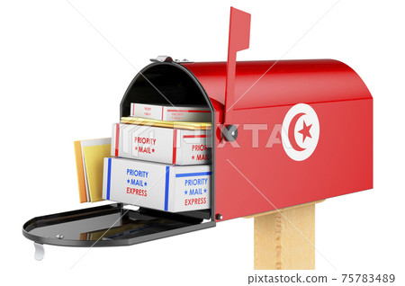 Mailbox with Tunisian flag with parcels, envelopes inside. Shipping in Tunisia, concept. 3D rendering 75783489